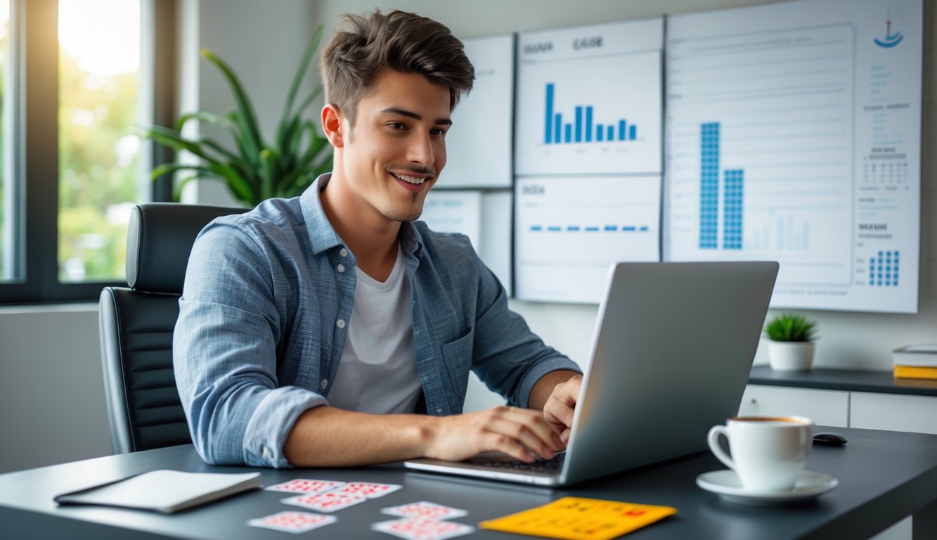 Seorang pria muda duduk di meja modern bermain permainan slot online dengan laptop di ruangan yang terang.