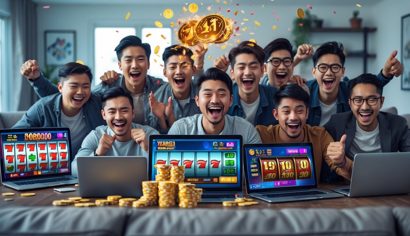 Sekelompok pria Asia muda merayakan kemenangan judi online dengan ekspresi bahagia di ruang tamu yang nyaman.