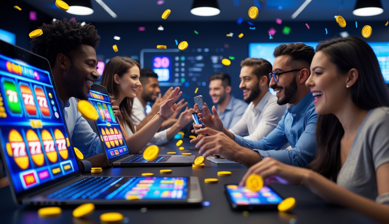 Beberapa orang bermain permainan slot online dengan perangkat modern di ruangan yang terang dan nyaman.