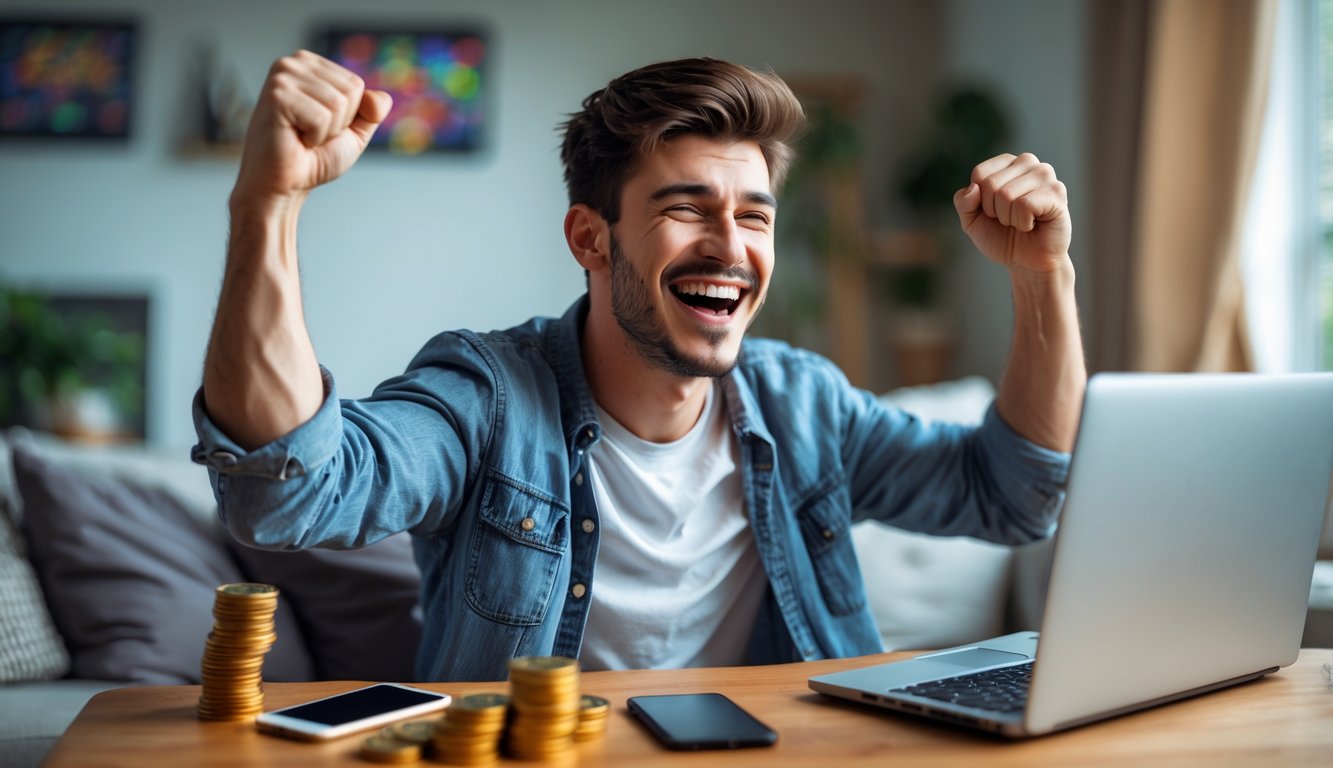 Seorang pria muda tersenyum gembira sambil merayakan kemenangan besar saat bermain permainan slot online di laptop di ruang tamu yang nyaman.