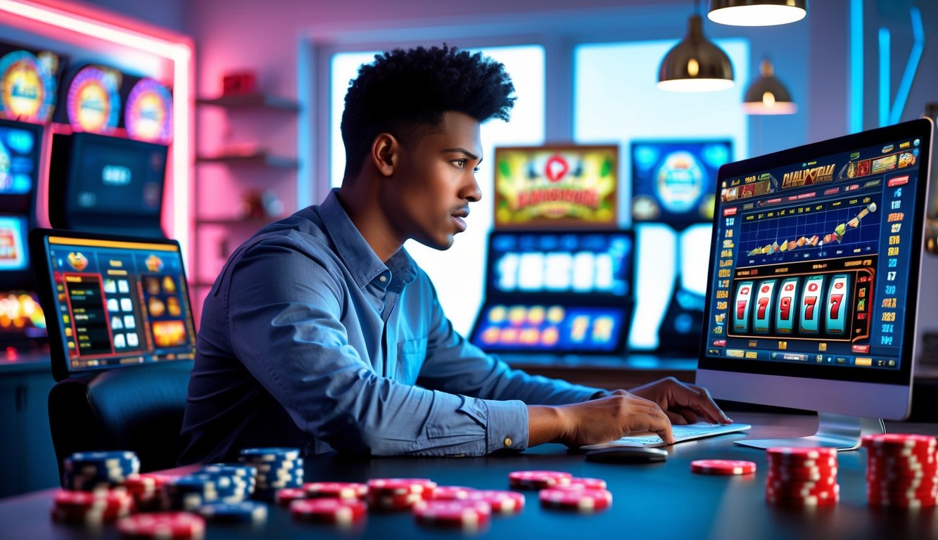 Seorang dewasa muda sedang duduk di meja kerja dengan beberapa perangkat digital yang menampilkan permainan slot online, terlihat fokus dan serius dalam suasana ruangan yang terang dan modern.