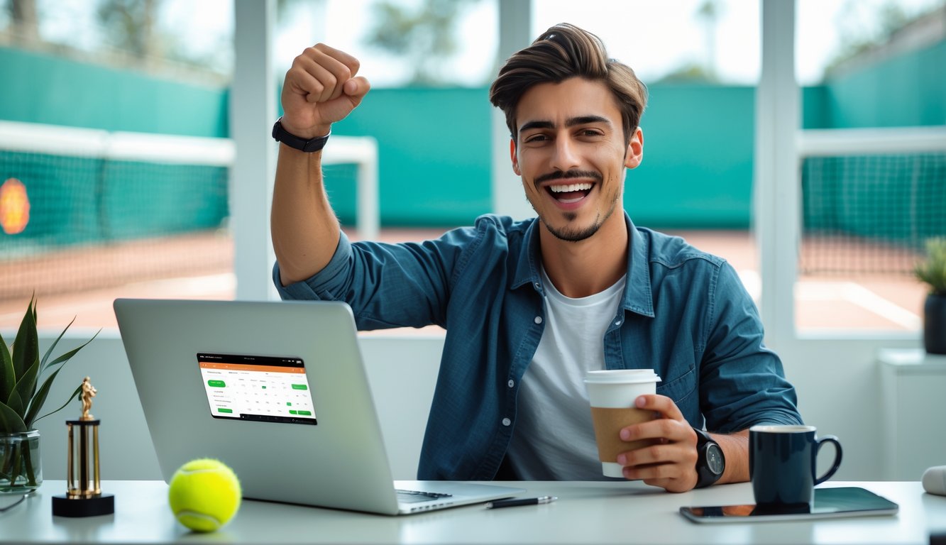 Seorang pria muda tersenyum sambil duduk di meja dengan laptop dan ponsel, di latar belakang terlihat lapangan tenis.