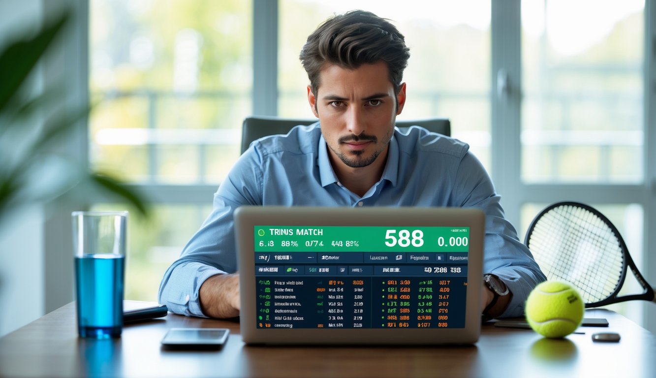 Seorang pria muda duduk di meja dengan laptop, fokus melihat statistik dan peluang taruhan tenis, dengan raket dan bola tenis di sekitarnya.