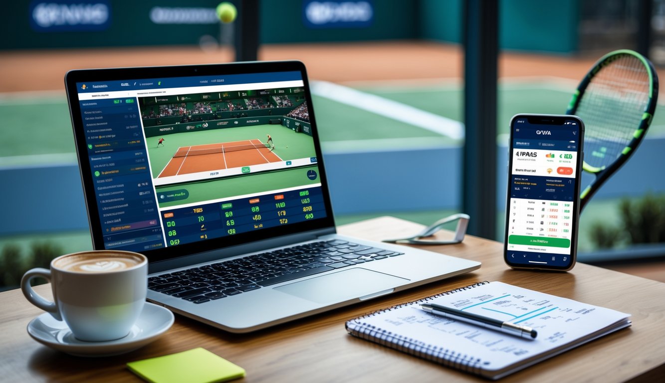 Seorang pria duduk di meja kerja dengan laptop dan ponsel yang menampilkan pertandingan tenis dan aplikasi taruhan, di latar belakang terlihat lapangan tenis melalui jendela besar.