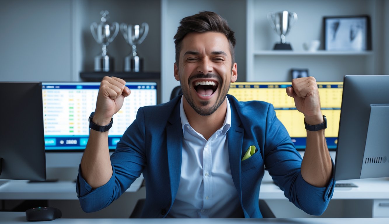 Seorang pria sedang merayakan kemenangan taruhan tenis dengan ekspresi gembira di depan beberapa layar komputer.