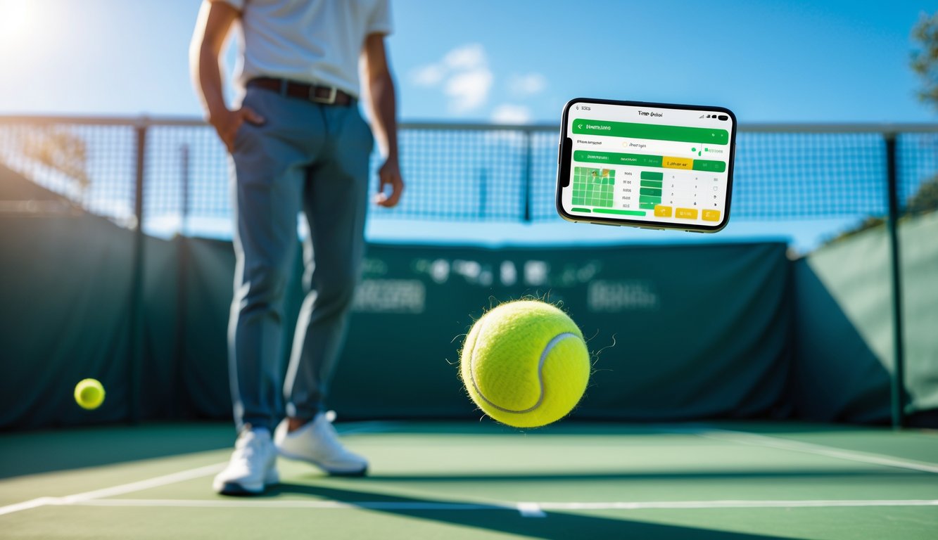 Seorang pria memegang ponsel di dekat lapangan tenis dengan bola tenis melayang di udara.