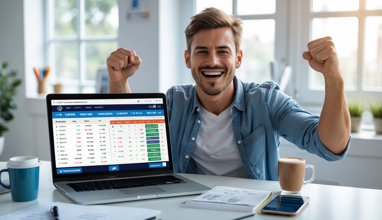 Seorang pria muda duduk di depan laptop dengan ekspresi gembira sambil merayakan kemenangan taruhan tenis di rumah.