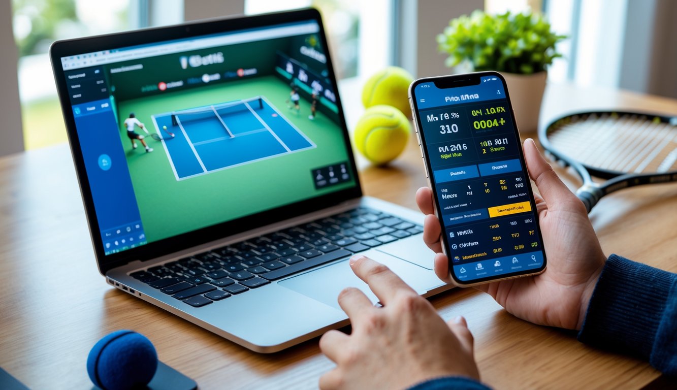 Seseorang menggunakan laptop dan ponsel untuk memasang taruhan tenis dengan raket dan bola tenis di atas meja.