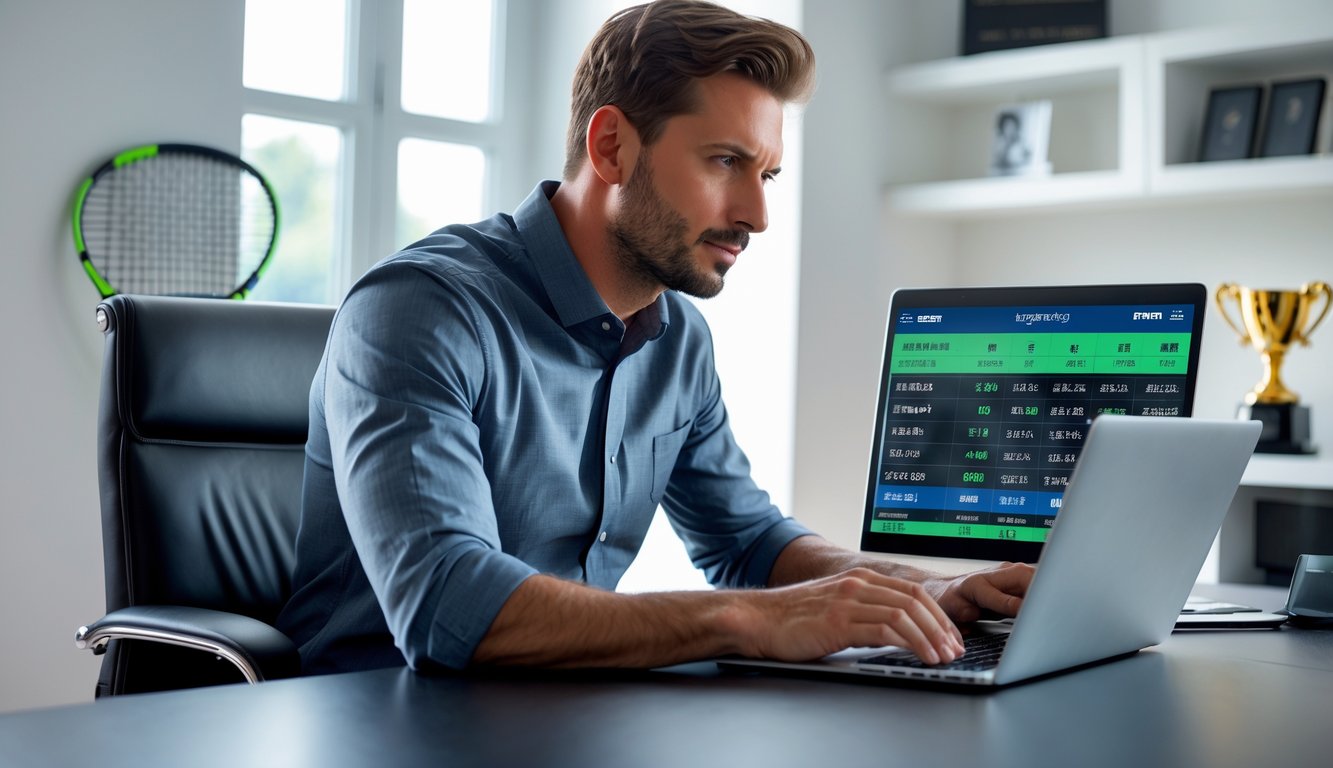Seorang pria duduk di depan laptop di ruang kerja dengan raket tenis dan trofi di latar belakang, fokus pada aktivitas taruhan tenis online.