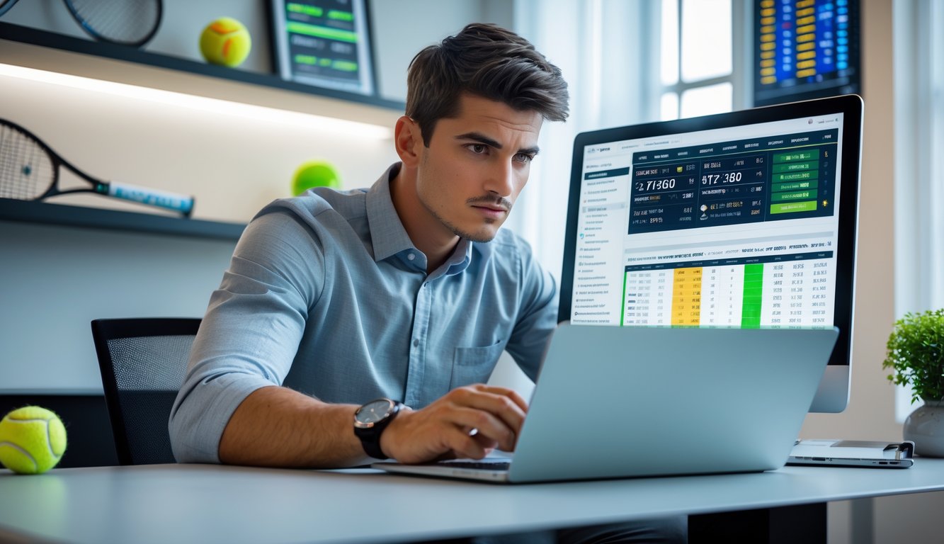 Seorang pria muda duduk di meja dengan laptop, fokus melihat data taruhan tenis di layar, di ruangan dengan rak yang berisi raket dan bola tenis.