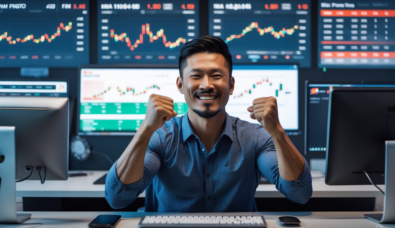 Seorang pria Asia duduk di depan komputer dengan ekspresi gembira dan tangan terkepal, menunjukkan kemenangan dalam taruhan MMA.