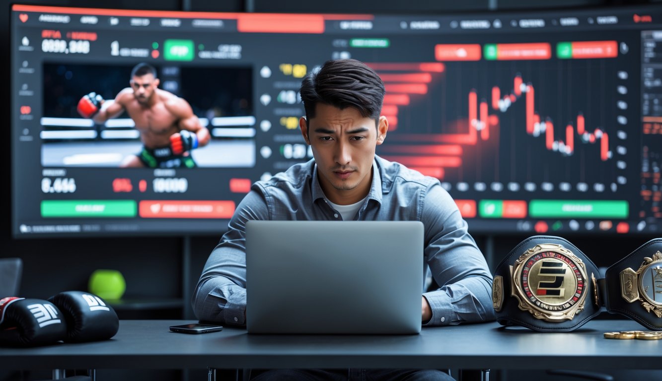 Seorang pria muda duduk di meja dengan laptop, melihat statistik dan peluang taruhan MMA di layar, di ruang kantor dengan dekorasi bertema olahraga.