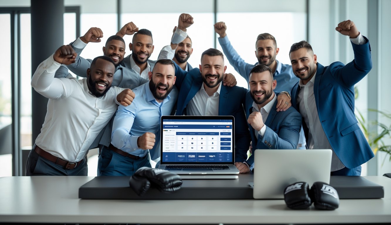 Sekelompok pria merayakan kemenangan dengan ekspresi gembira di ruangan modern yang terkait dengan taruhan MMA.