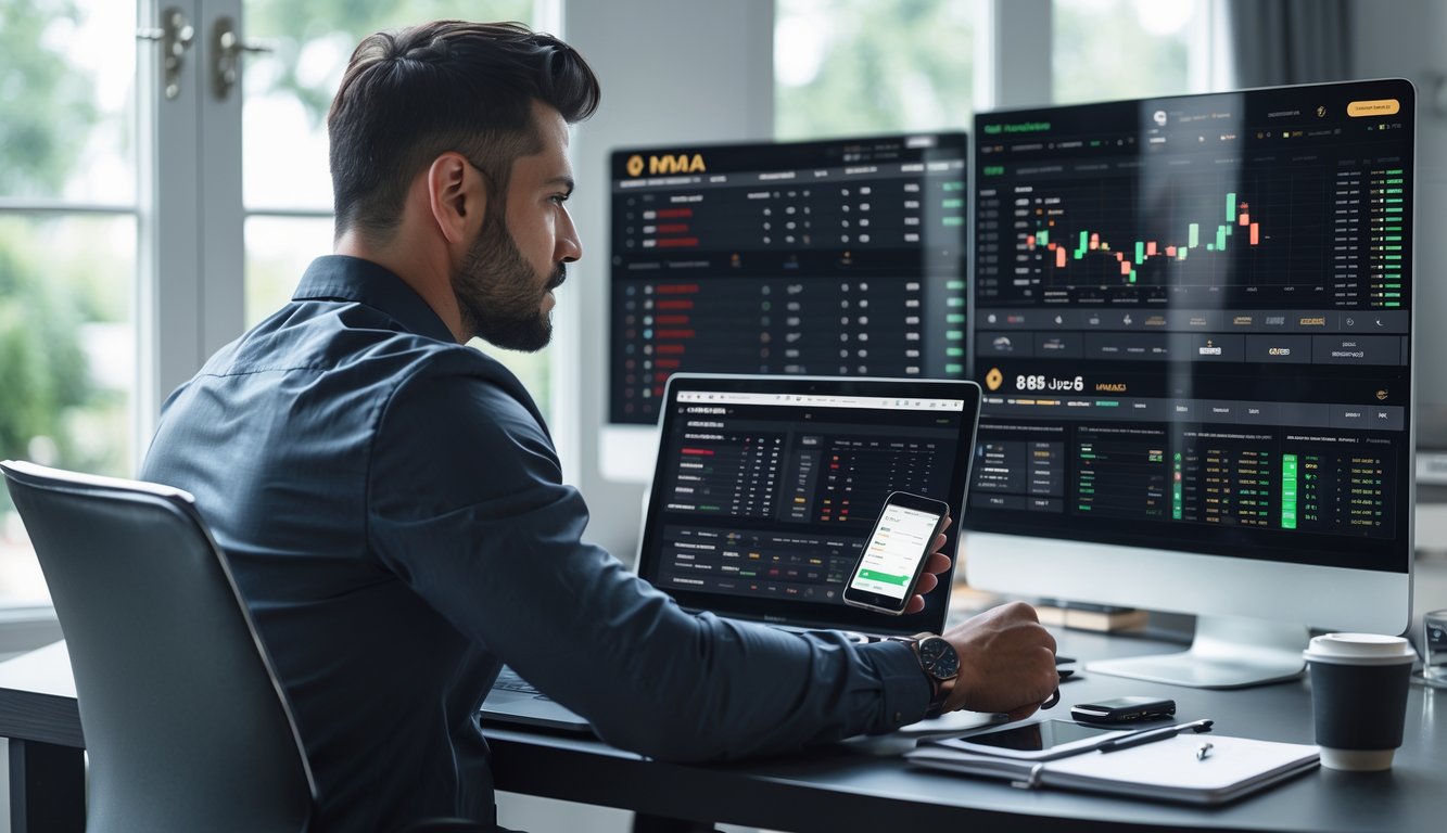 Seorang pria duduk di meja dengan beberapa layar yang menampilkan statistik pertarungan MMA dan peluang taruhan, sedang fokus menggunakan laptop dan ponsel di ruang kerja modern.