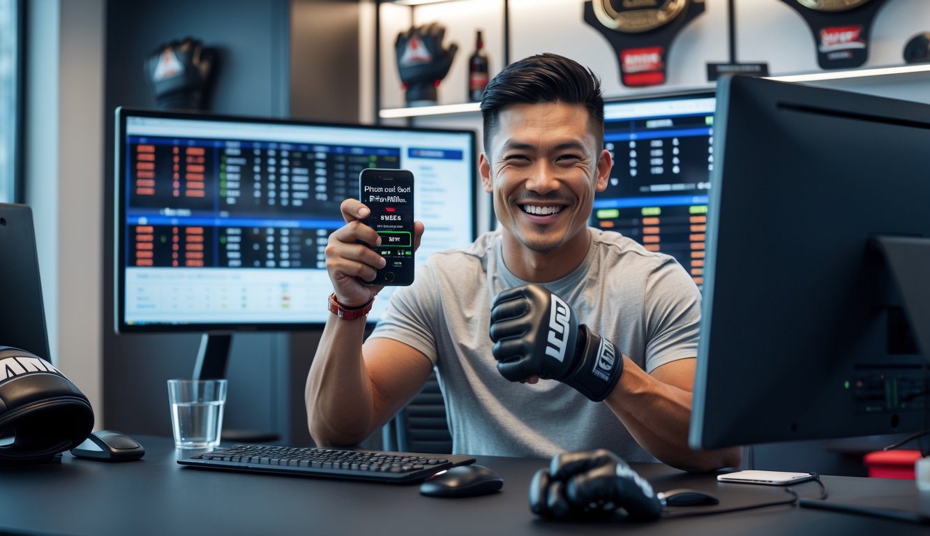 Seorang pria muda Asia Tenggara duduk di meja dengan layar komputer dan ponsel, tersenyum dan mengangkat tangan merayakan kemenangan.