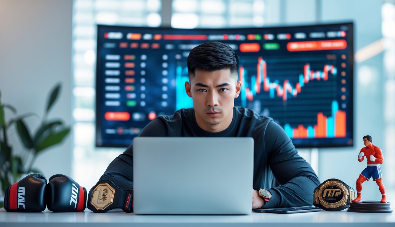 Seorang pria muda duduk di meja dengan laptop dan perlengkapan MMA, fokus melihat data taruhan MMA.