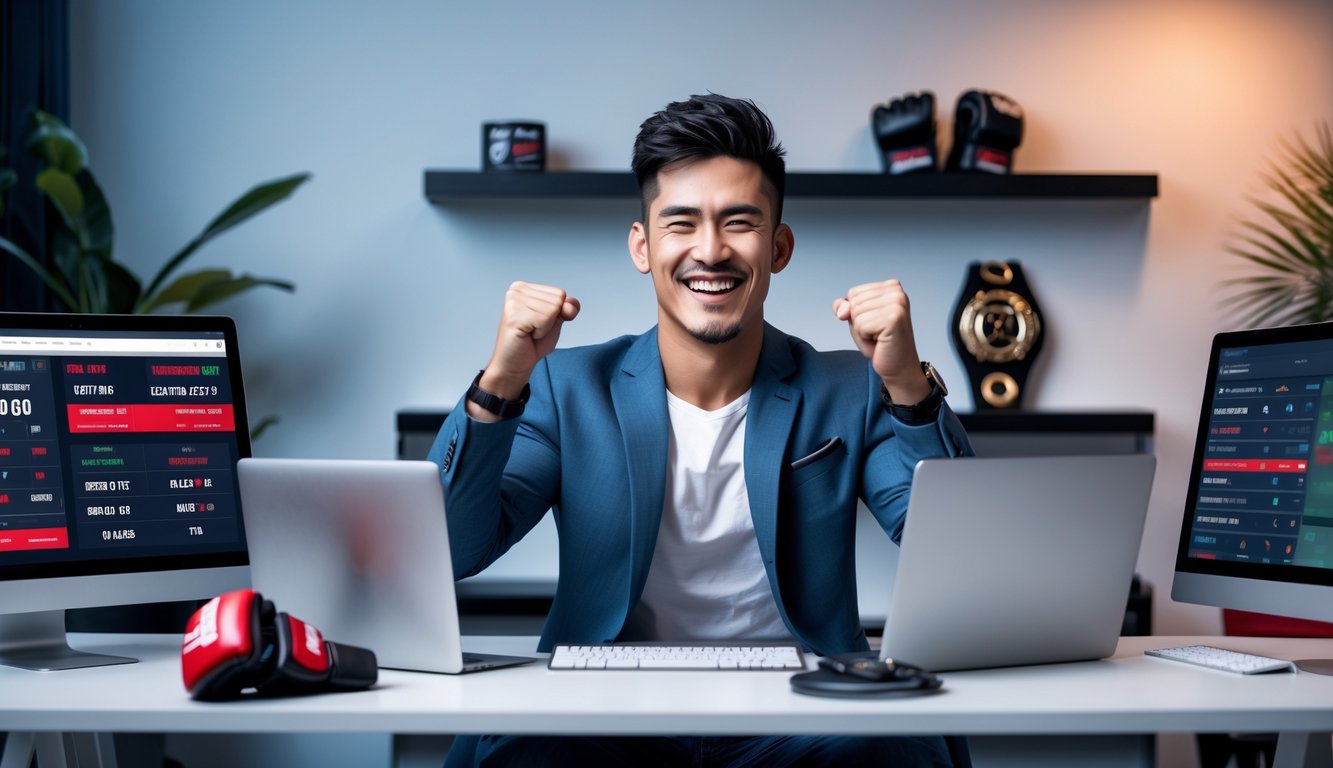 Seorang pria muda tersenyum dan bersemangat duduk di depan layar komputer dengan tampilan statistik dan pertandingan MMA.