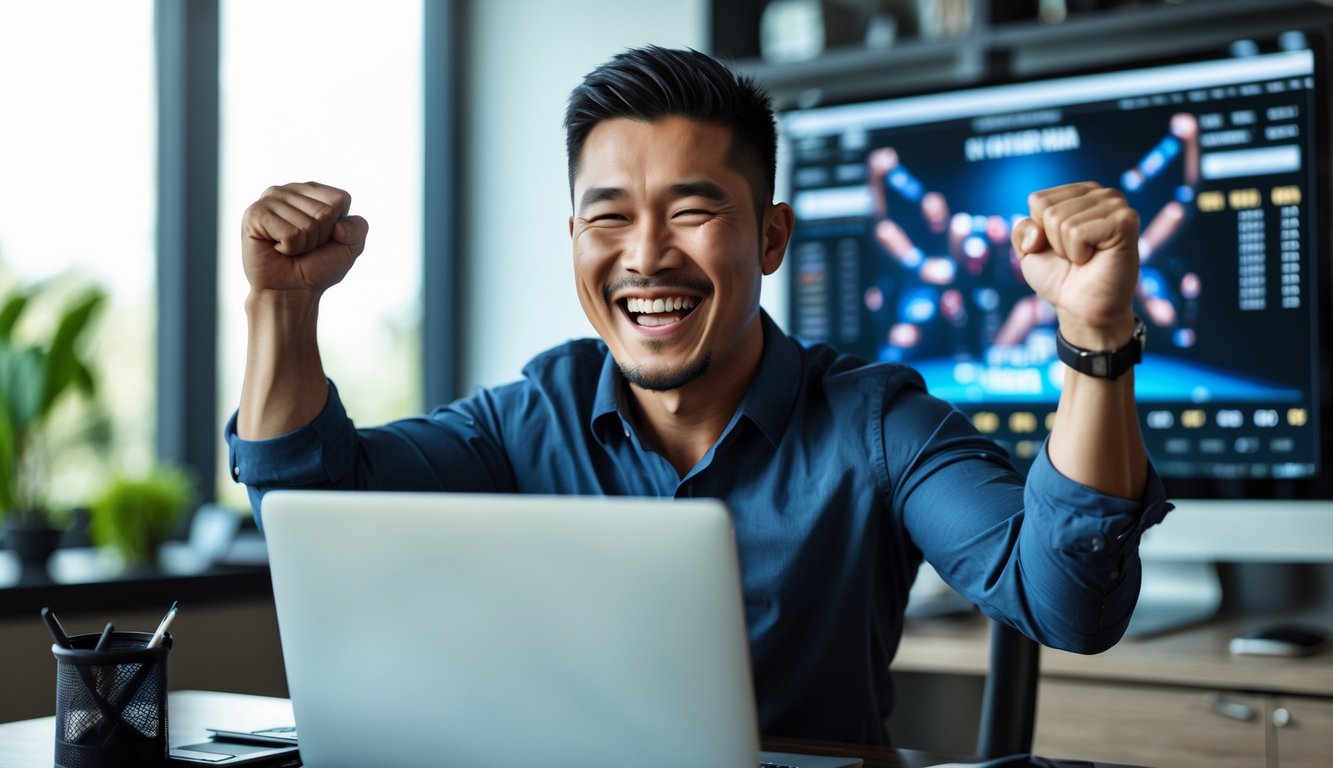 Seorang pria Asia Tenggara tersenyum dan mengangkat tinju di depan laptop di ruang kerja modern, menunjukkan kegembiraan menang taruhan MMA online.