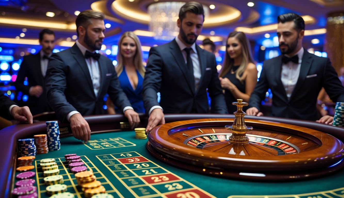 Meja roulette mewah dengan pemain berpakaian rapi sedang bermain di kasino yang elegan.