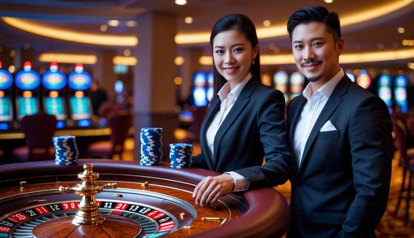 Seorang pria dan wanita berdiri di samping meja roulette mewah di kasino, tersenyum dengan suasana yang elegan dan penuh semangat.