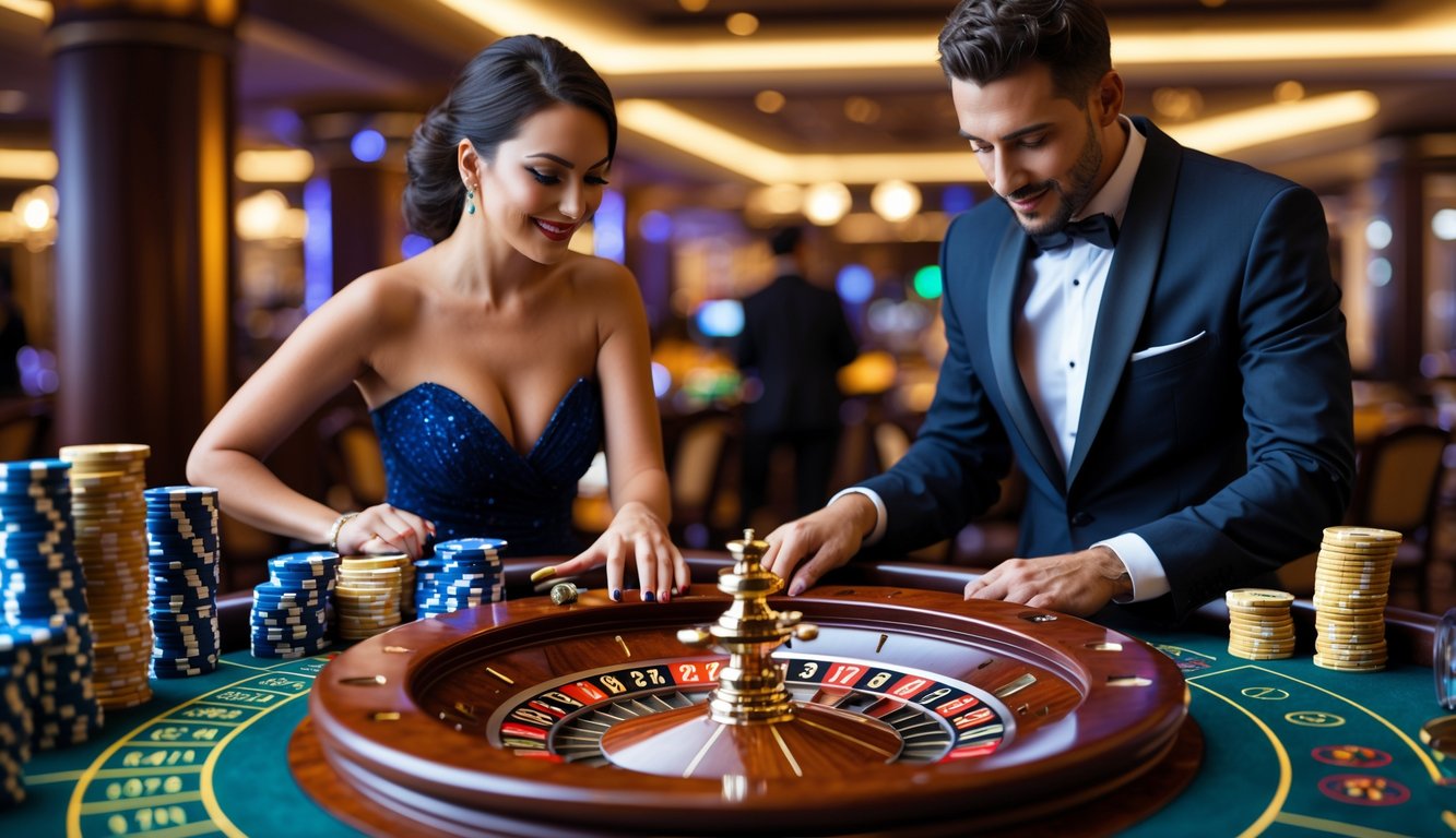 Seorang pria dan wanita berpakaian rapi sedang bermain roulette di kasino mewah dengan suasana yang hangat dan penuh semangat.