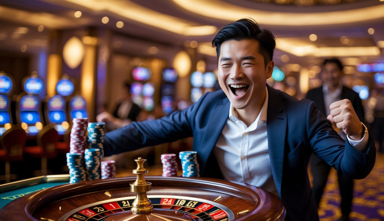 Seorang pria Asia yang percaya diri dan gembira merayakan kemenangan besar di meja roulette di kasino mewah.