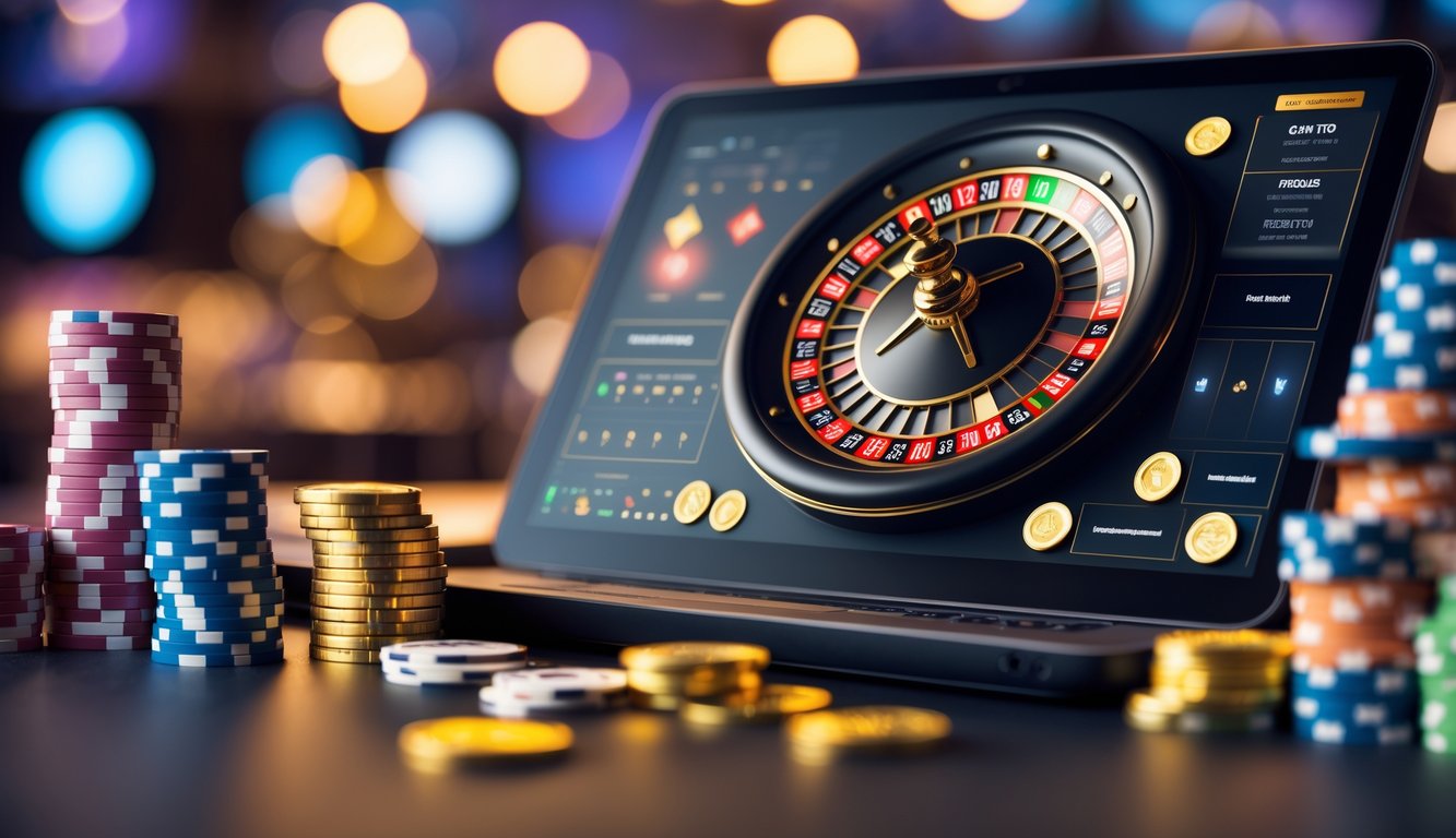 Sebuah meja dengan komputer menampilkan permainan roulette online, dikelilingi oleh tumpukan chip poker dan koin emas.