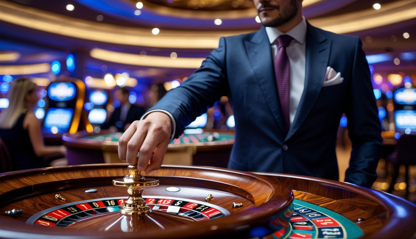 Seorang pria berpakaian rapi sedang bermain roulette di kasino mewah dengan suasana yang elegan dan pencahayaan hangat.