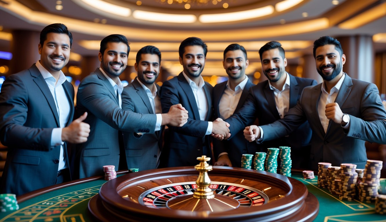 Sekelompok pria merayakan kemenangan besar di meja roulette mewah di dalam kasino.