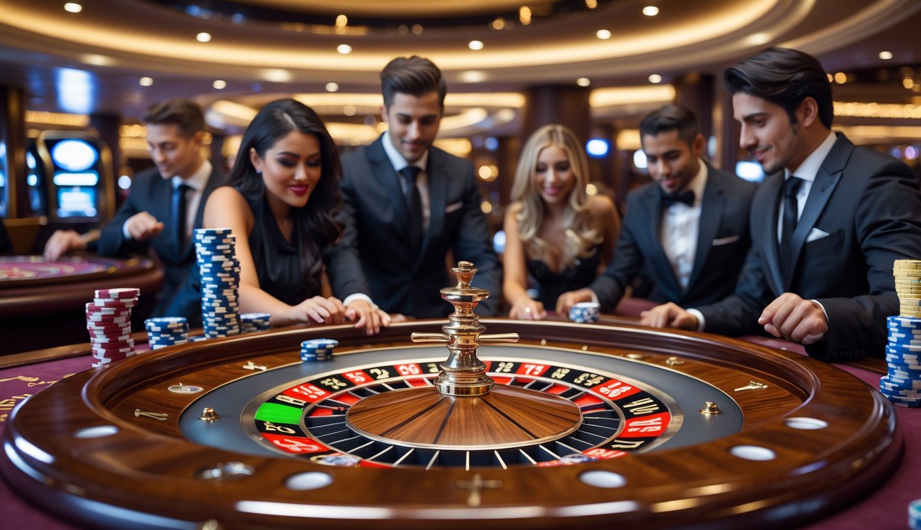 Meja roulette di kasino mewah dengan pemain berpakaian rapi yang sedang bermain dan tumpukan chip di atas meja.