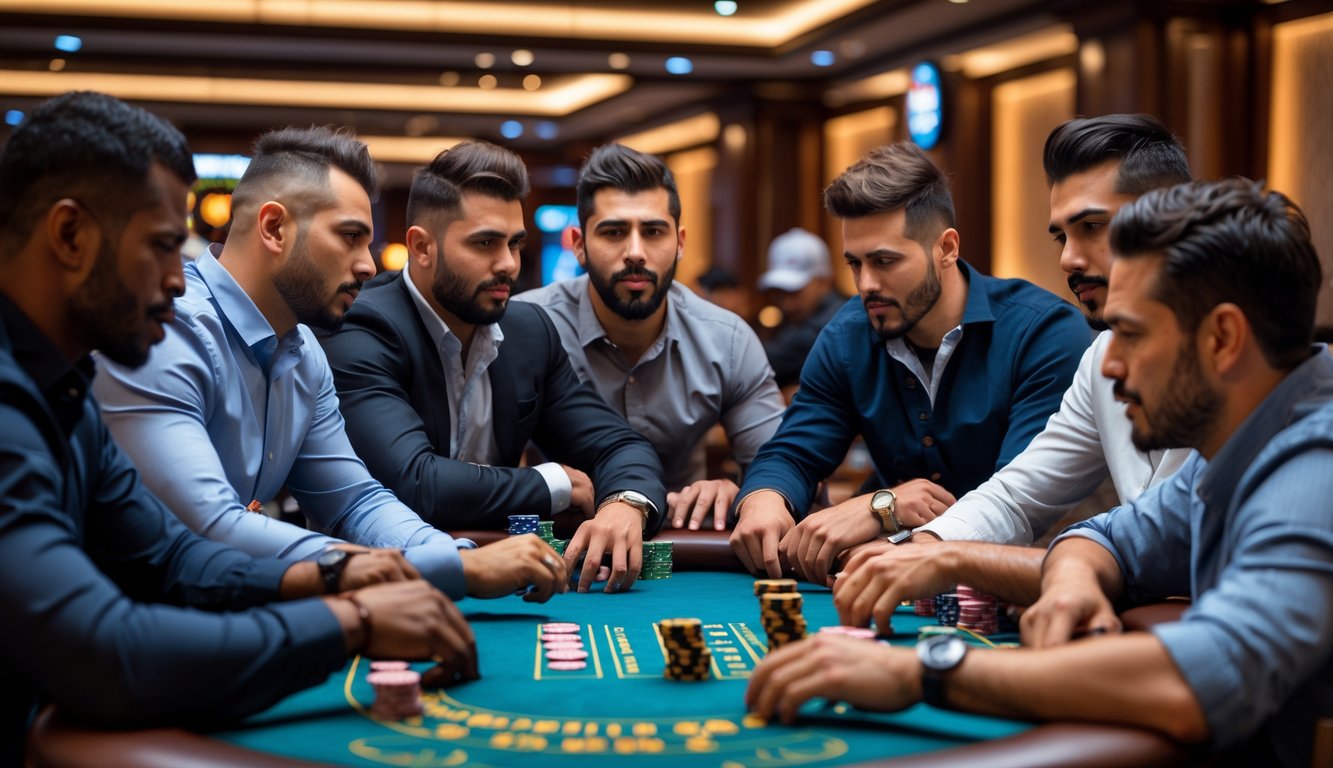 Sekelompok pria bermain poker No-Limit Omaha di meja kasino dengan ekspresi fokus dan serius.