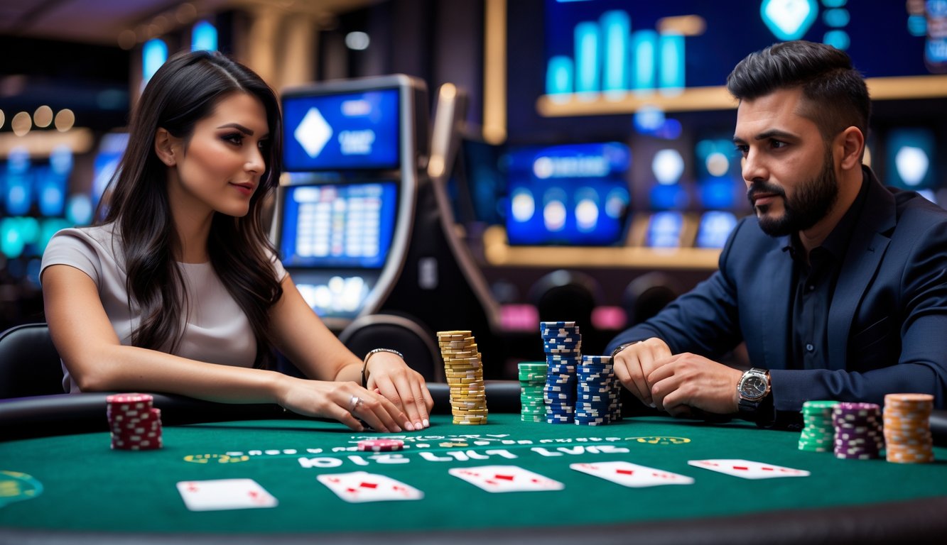 Dua orang sedang bermain poker No-Limit Omaha di meja kasino dengan ekspresi fokus dan chip poker di depan mereka.