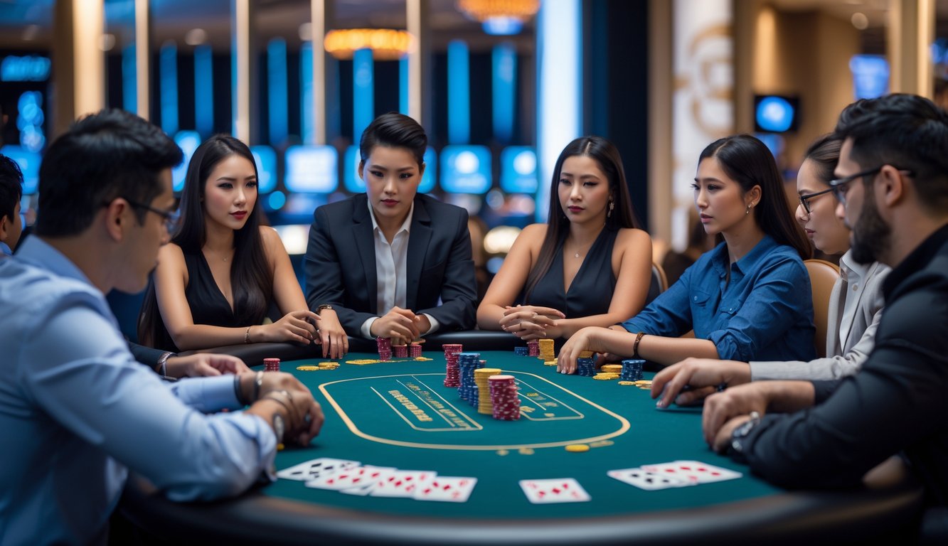 Beberapa pemain poker sedang duduk di sekitar meja poker dengan kartu dan chip, terlihat fokus dan serius bermain.