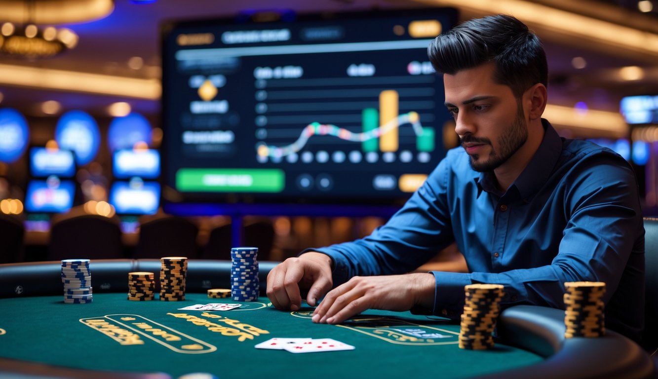 Seorang pemain poker pria fokus bermain kartu di meja poker dengan tumpukan chip dan layar digital di latar belakang.