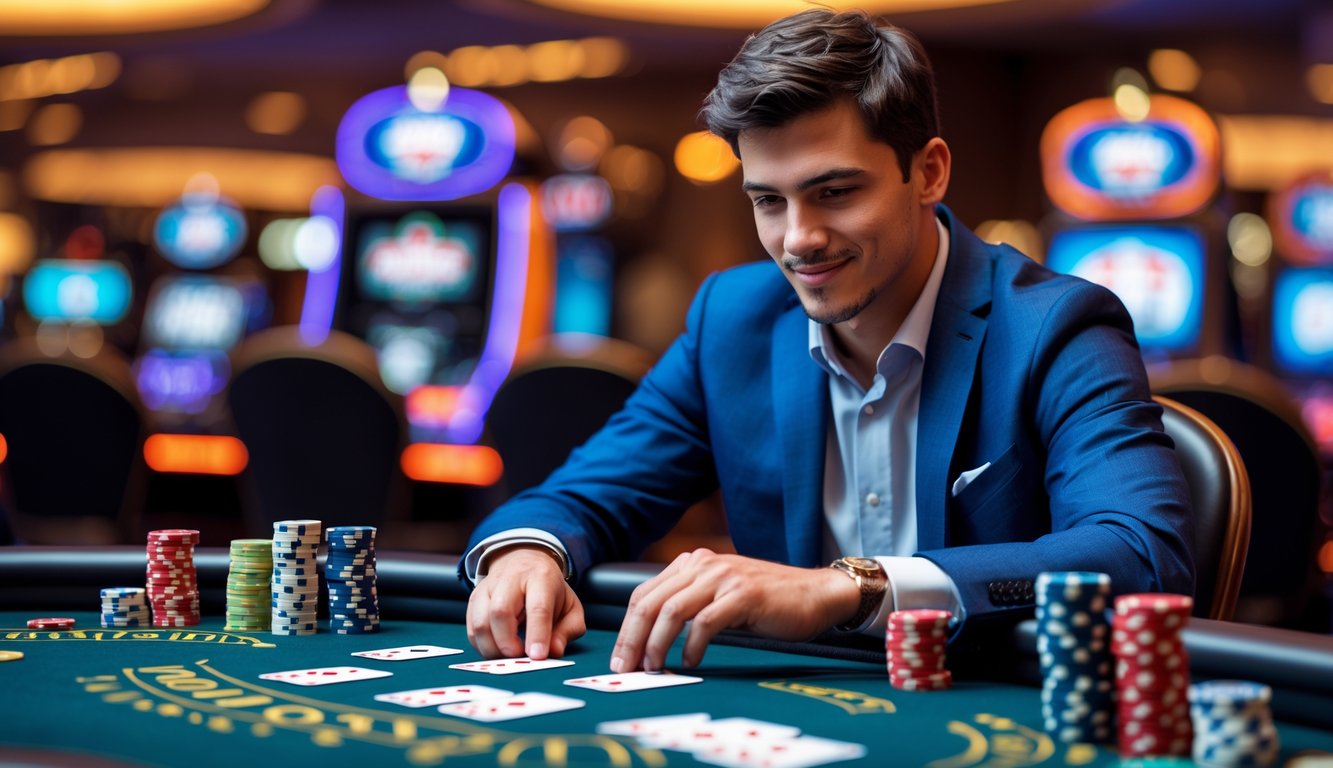 Seorang pria muda sedang bermain poker No-Limit Omaha dengan tumpukan chip dan kartu di meja kasino.