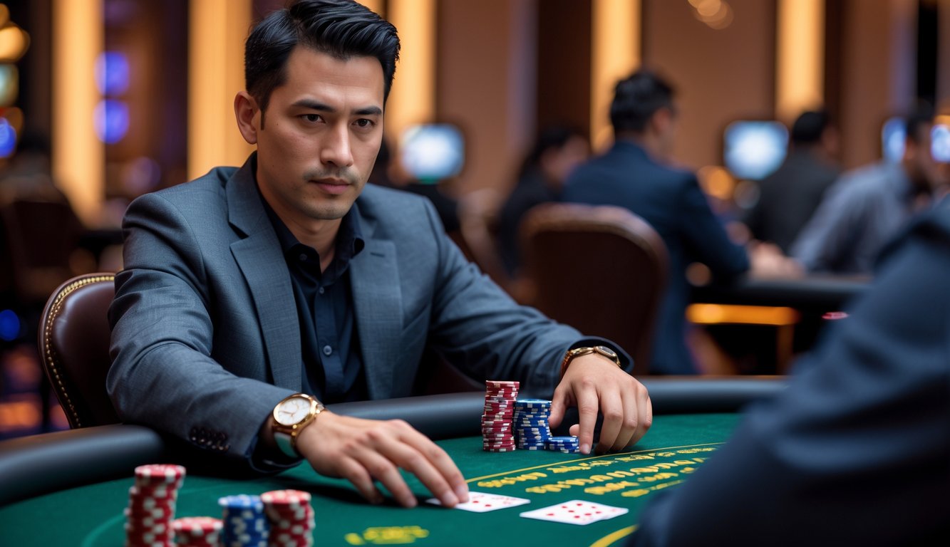 Seorang pria dewasa duduk di meja poker dengan kartu dan chip, fokus bermain judi No-Limit Omaha di ruangan kasino.