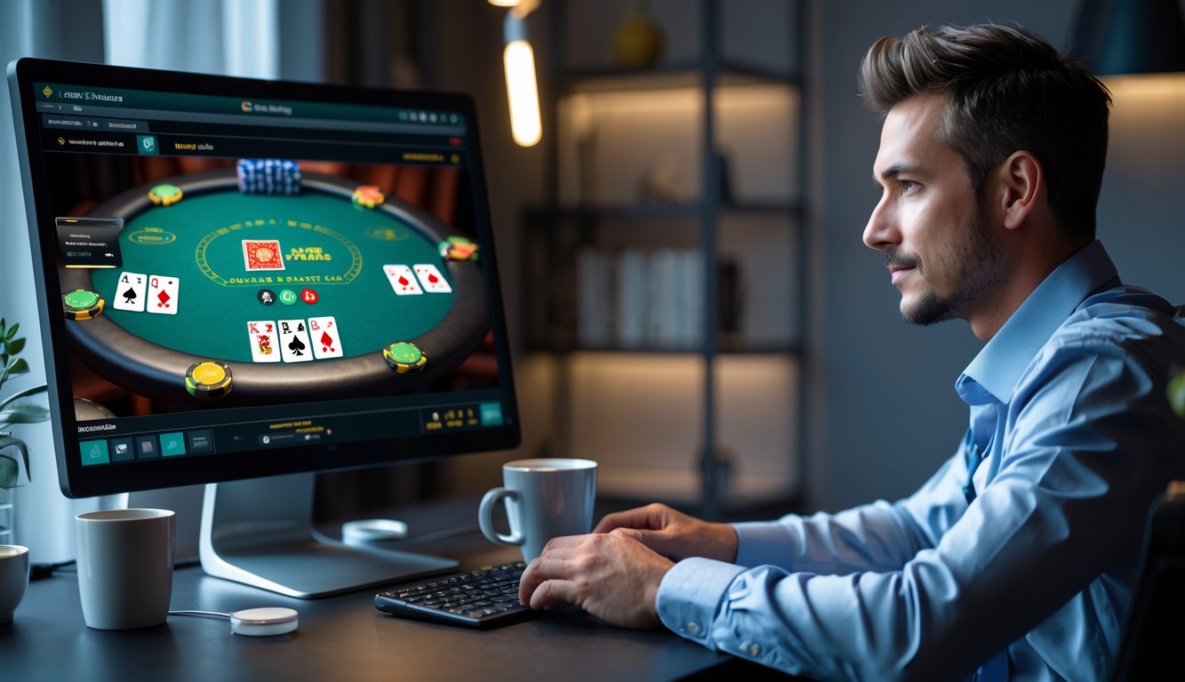 Seorang pemain poker fokus bermain No-Limit Omaha di depan komputer dengan meja poker digital di layar.