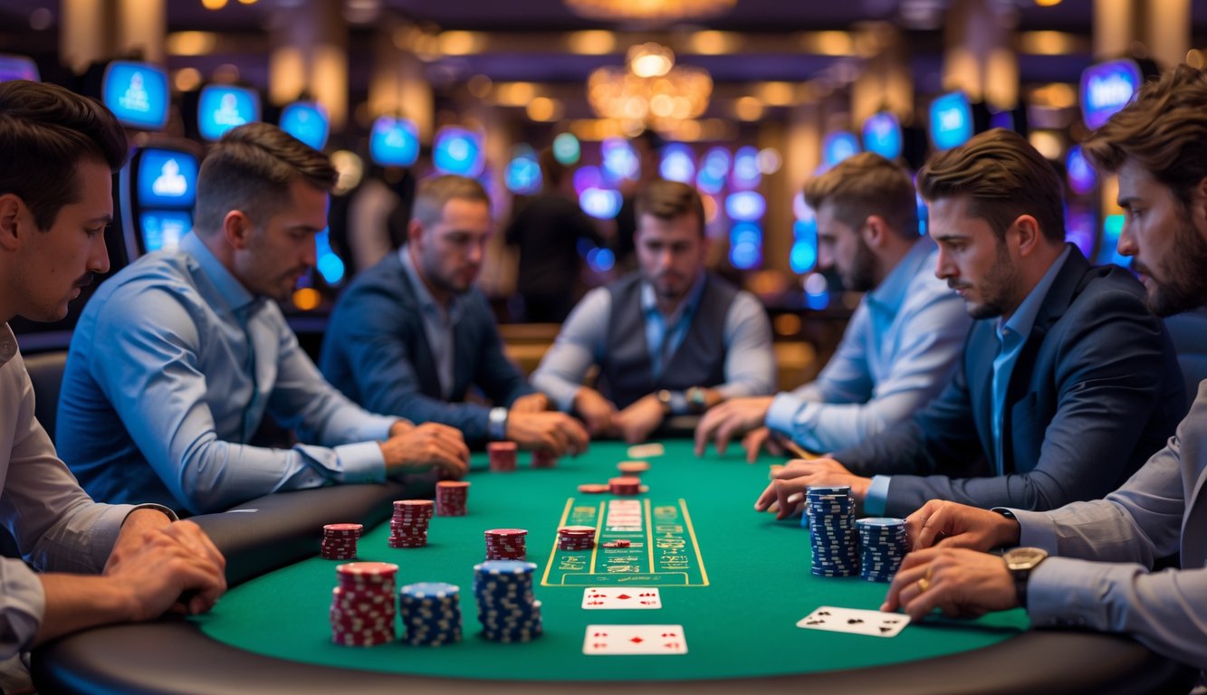 Meja poker dengan pemain yang sedang bermain judi No-Limit Omaha, menampilkan kartu dan tumpukan chip di kasino.