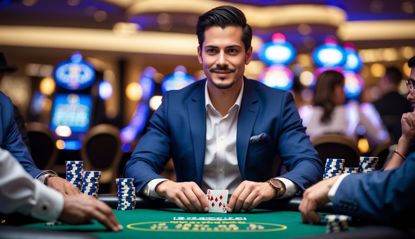 Seorang pemain poker profesional yang sedang menang dalam permainan No-Limit Omaha di meja poker di kasino.
