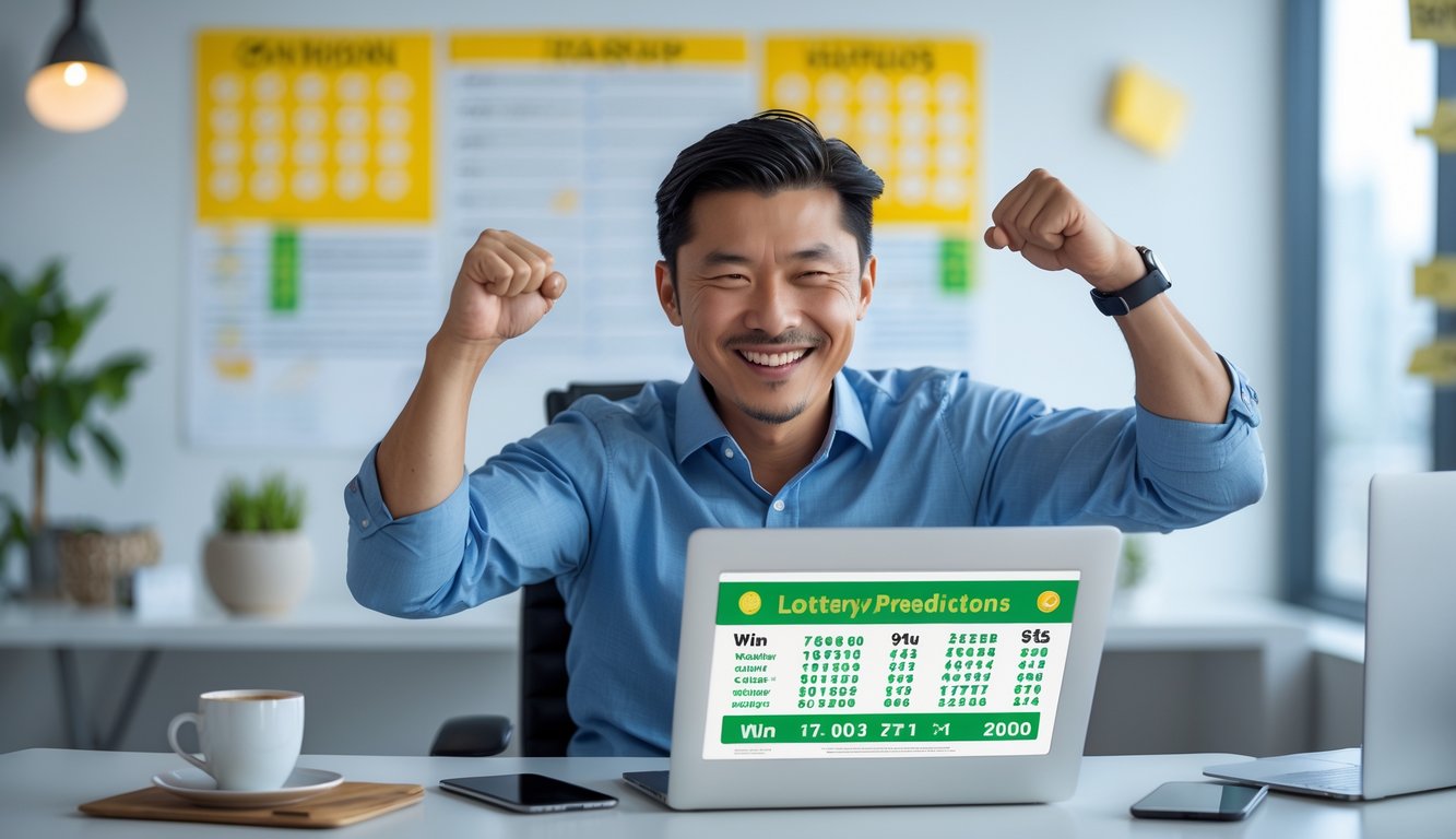 Seorang pria Asia tersenyum dan mengangkat tinju di depan laptop di kantor yang terang.