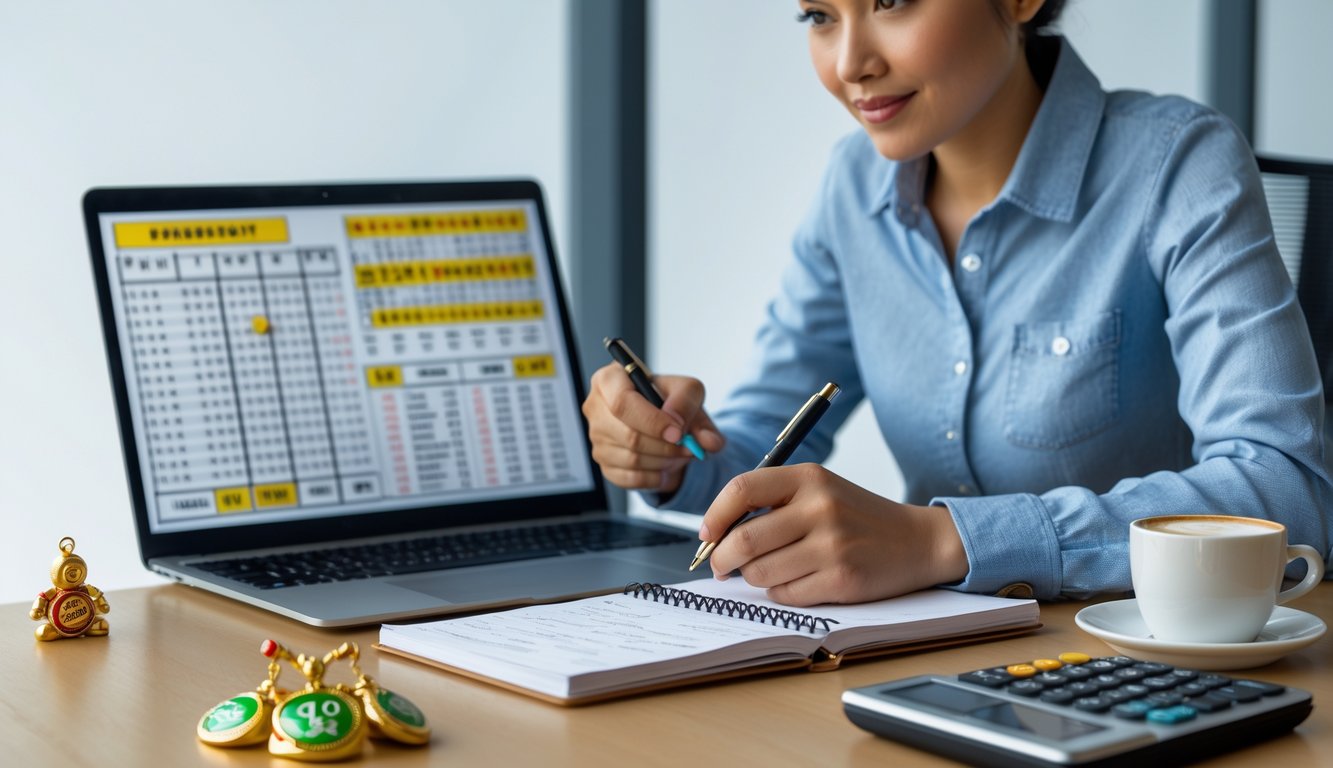 Seseorang yang sedang menganalisis data prediksi togel 4D dengan laptop dan buku catatan di meja kerja.