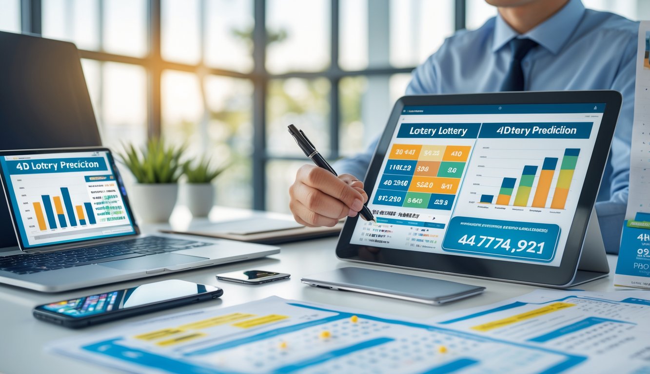 Seorang profesional sedang menganalisis data prediksi togel 4D di meja kerja dengan perangkat digital dan dokumen di kantor yang terang.