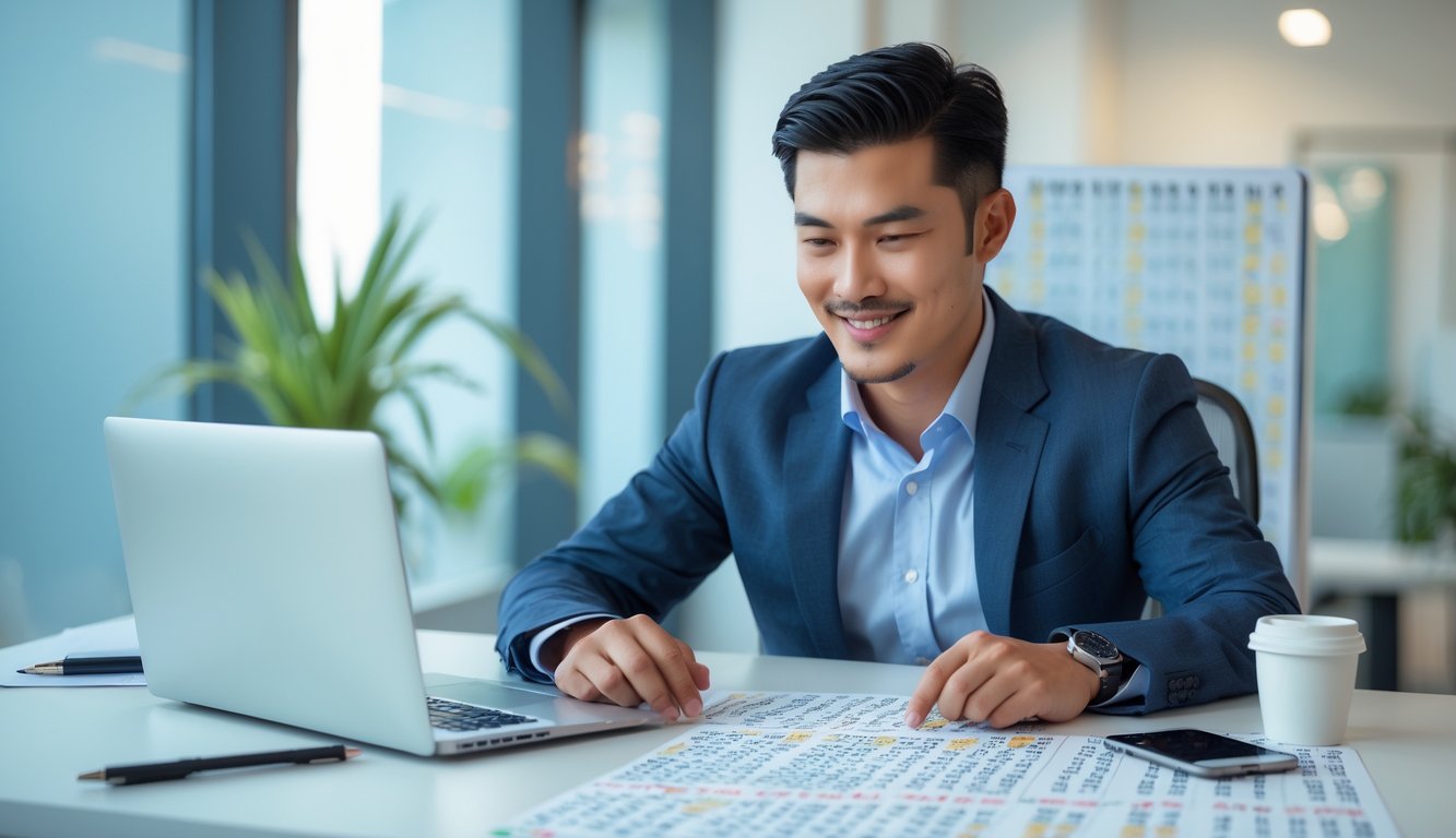Seorang pria Asia Tenggara duduk di meja kantor dengan laptop dan beberapa lembar prediksi angka togel, terlihat fokus dan percaya diri.