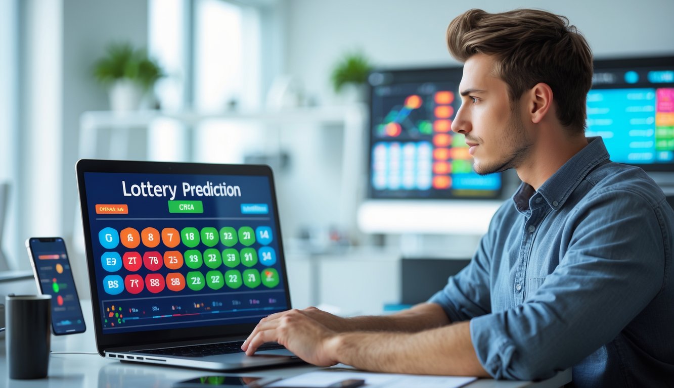 Seorang pria muda duduk di meja modern sambil melihat layar laptop dengan grafik dan angka terkait prediksi togel.