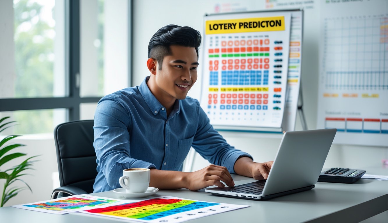 Seorang pria muda duduk di meja kantor dengan laptop dan dokumen, terlihat fokus menganalisis data prediksi togel.