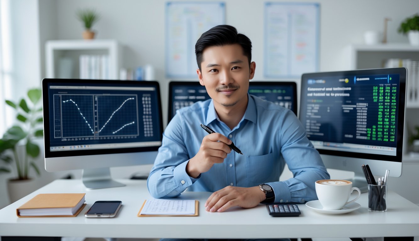 Seorang pria Asia Tenggara duduk di meja kerja dengan beberapa layar komputer menampilkan grafik matematika dan prediksi angka togel, tampak fokus dan serius.