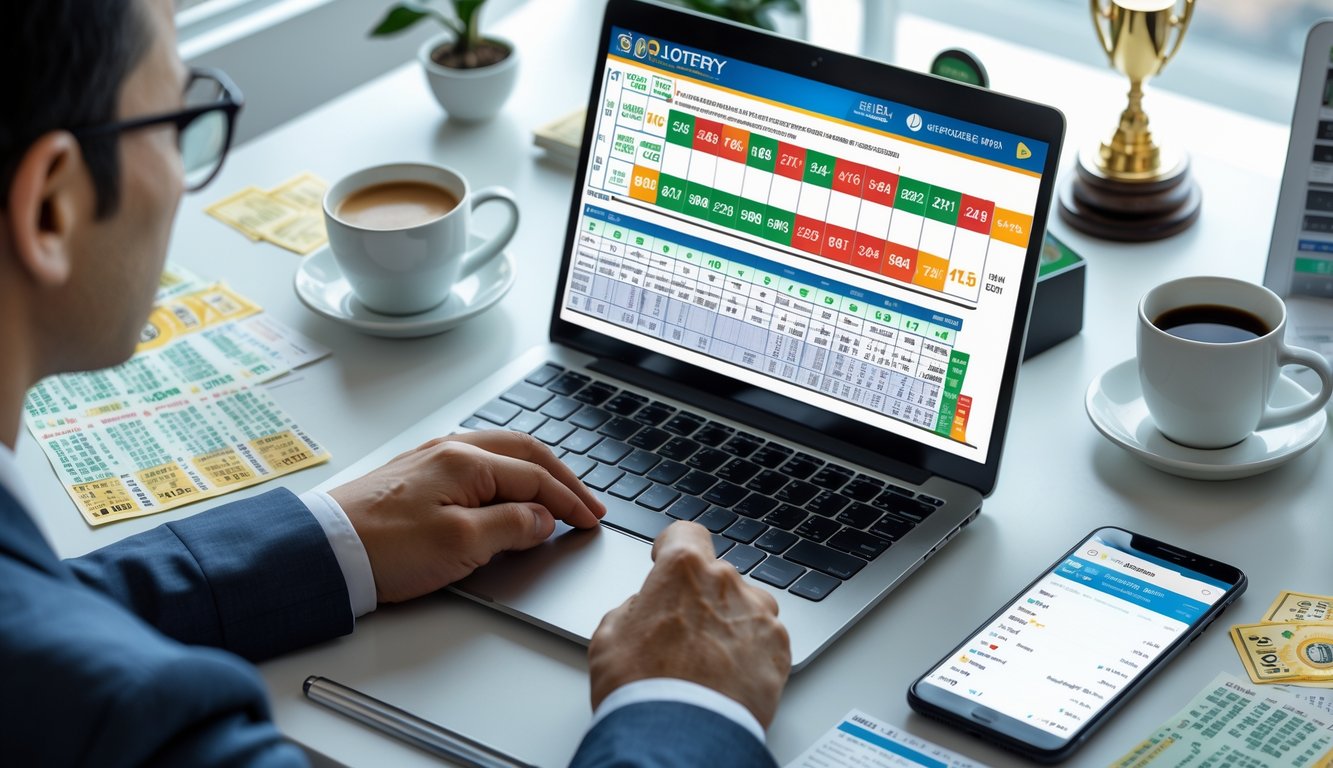 Seseorang sedang bekerja di meja dengan laptop, kalkulator, dan catatan sambil menganalisis data prediksi togel 4D.