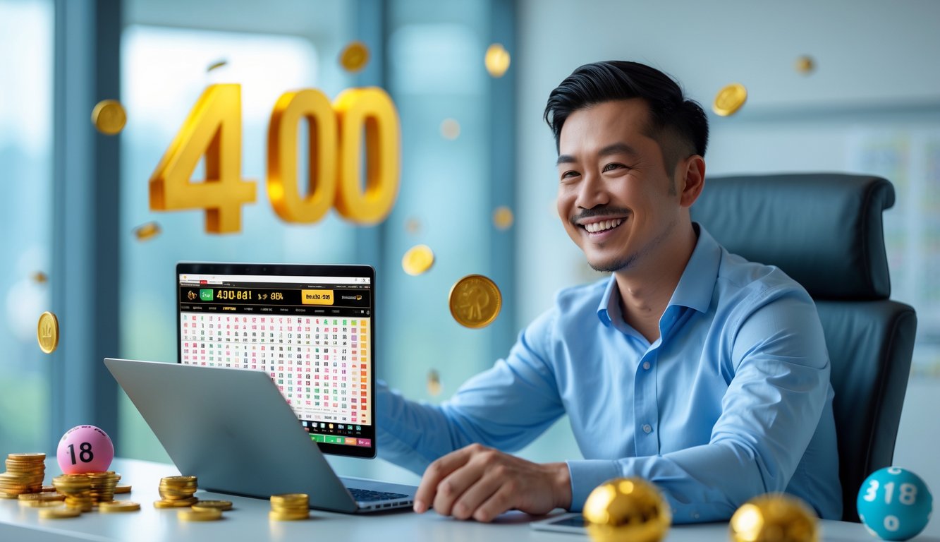 Seorang pria Asia Tenggara tersenyum bahagia duduk di meja dengan laptop dan elemen keberuntungan di sekitarnya.