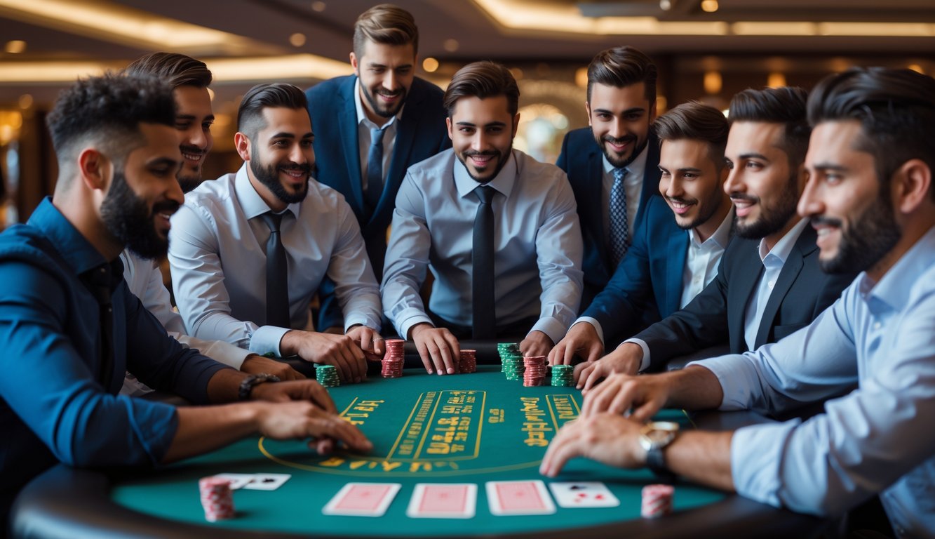 Sekelompok pria bermain blackjack di meja kasino dengan ekspresi fokus dan antusias.