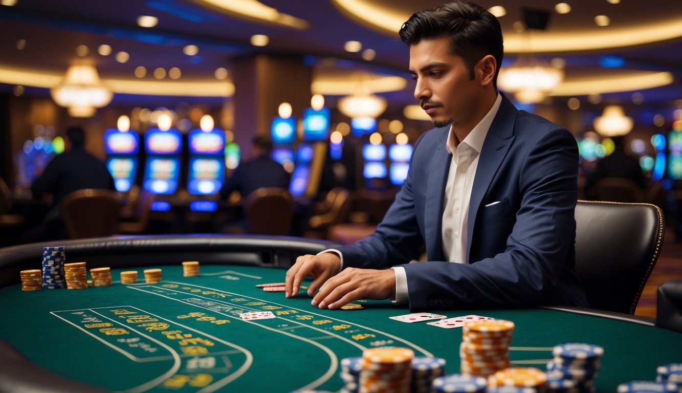 Seseorang yang percaya diri sedang bermain blackjack di meja kasino dengan kartu dan chip tertata rapi.